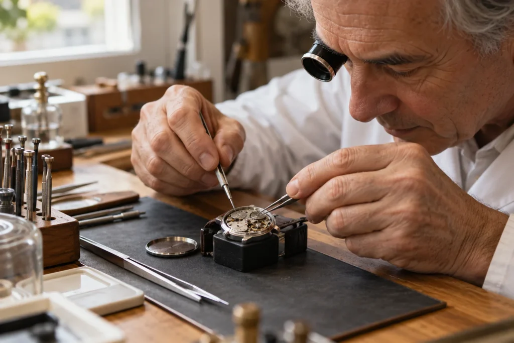 Relojero con uniforme blanco trabajando sobre un reloj en su mesa de taller.